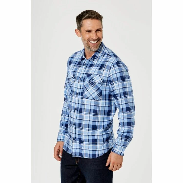 Bronson Basic Men's Echuca Cotton Printed Flannelette Shirt Blue Check - Image 3