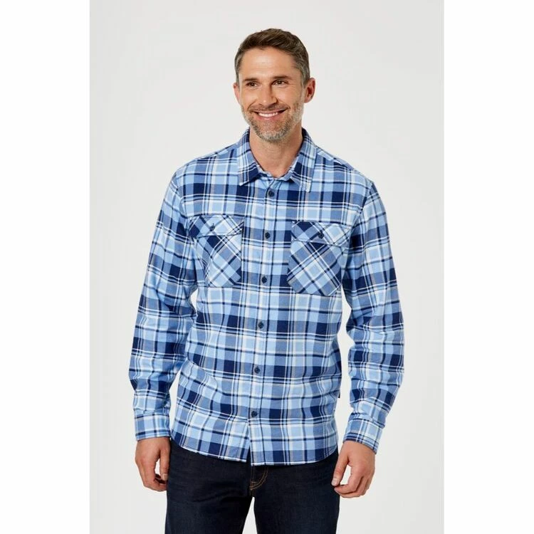Bronson Basic Men's Echuca Cotton Printed Flannelette Shirt Blue Check - Image 4