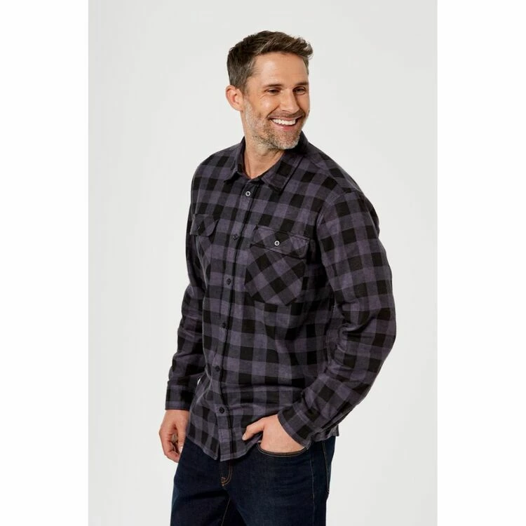 Bronson Basic Men's Bolton Cotton Printed Flannelette Shirt Black & Chalk - Image 3