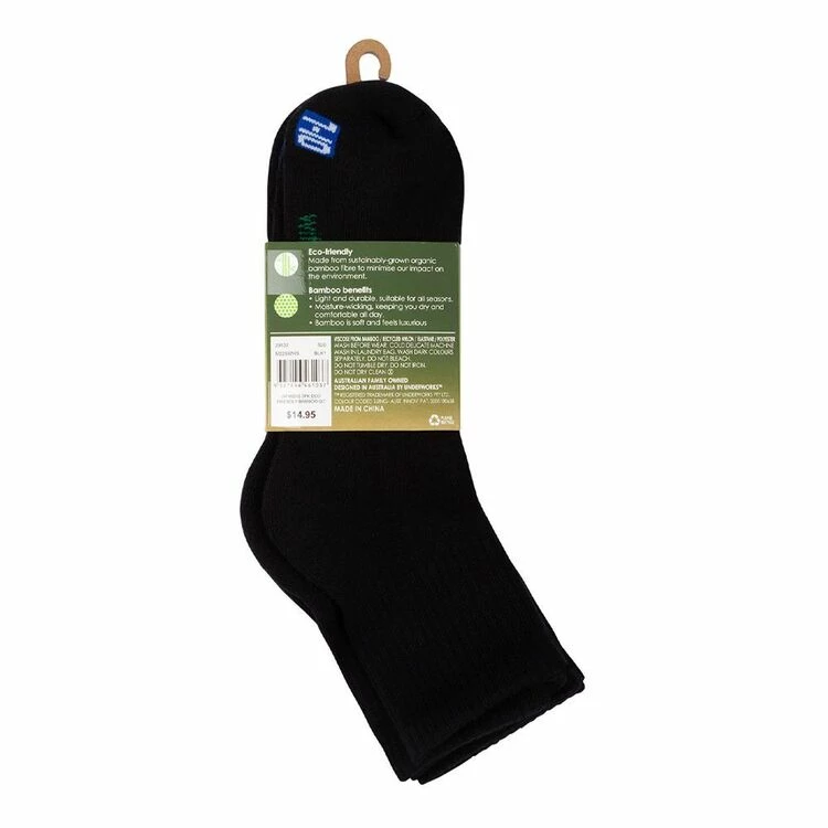 Underworks Eco Friendly Bamboo Sport Quarter Crew Socks 3 Pack Black - Image 2