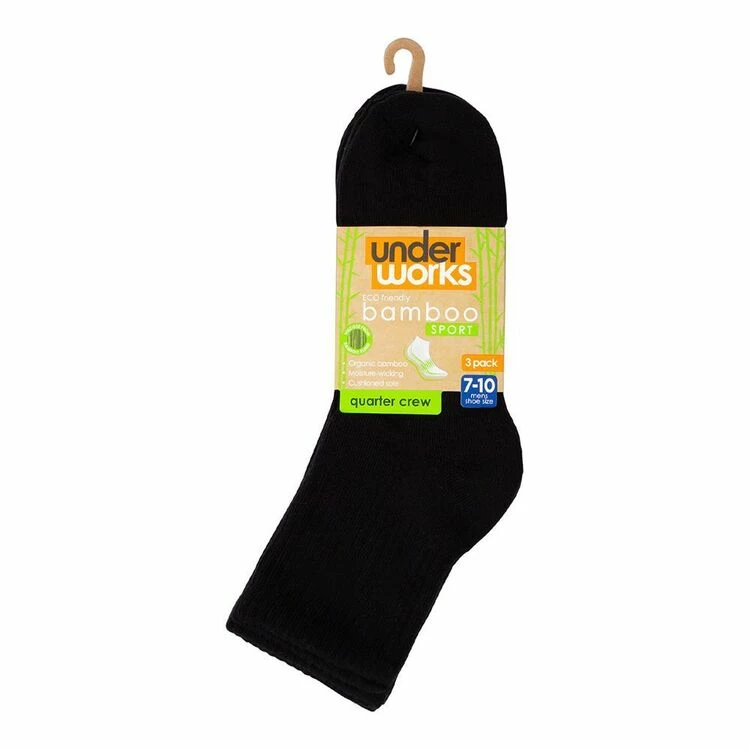 Underworks Eco Friendly Bamboo Sport Quarter Crew Socks 3 Pack Black - Image 4