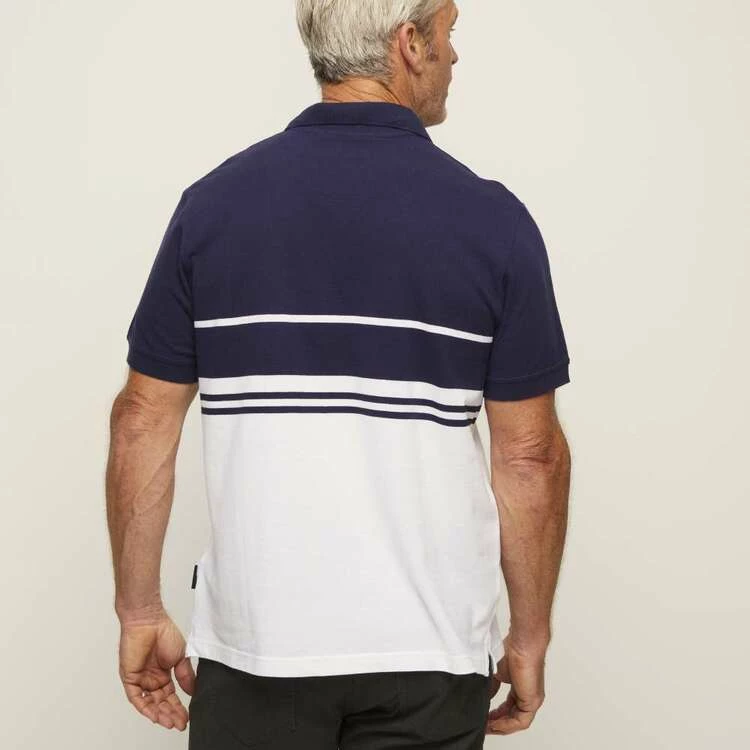 Bronson Casual Spence Short Sleeve Cotton Pique Chest Stripe Polo Blue - Image 3