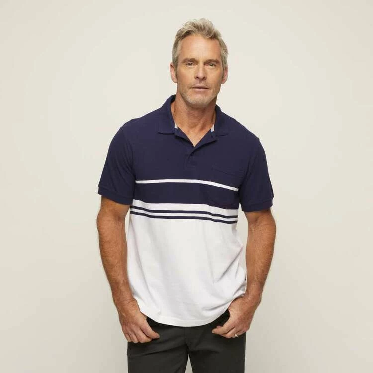 Bronson Casual Spence Short Sleeve Cotton Pique Chest Stripe Polo Blue - Image 2