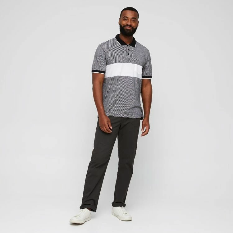 Bronson Casual Speer Short Sleeve Pique Birdseye Cotton Chest Stripe Polo Black - Image 3