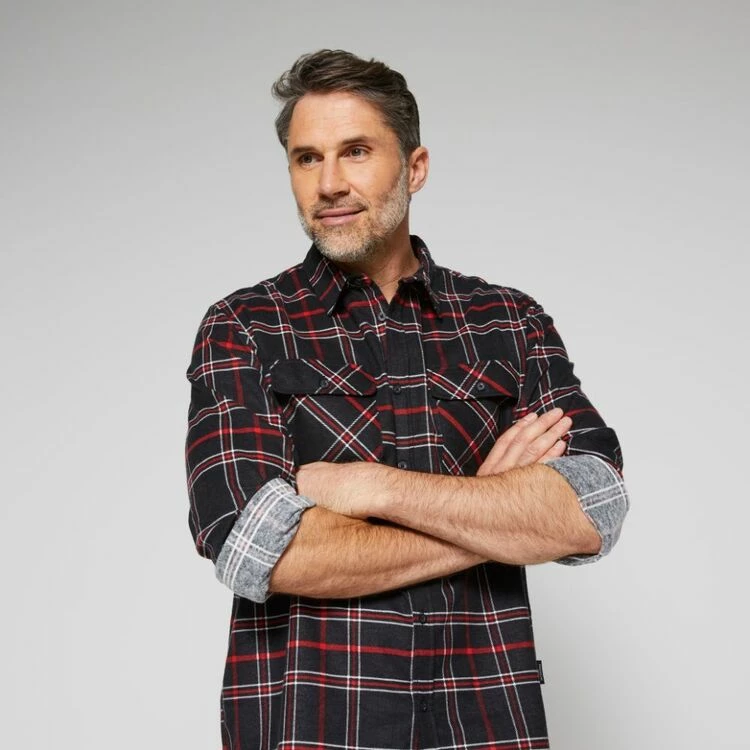 Bronson Basic Hart Cotton Printed Flannelette Shirt Black Red - Image 5