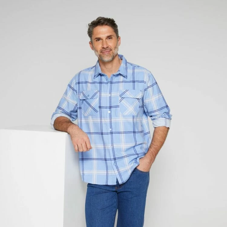 Bronson Basic Logan Cotton Printed Flannelette Shirt Blue