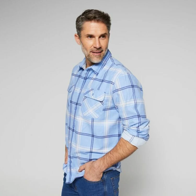 Bronson Basic Logan Cotton Printed Flannelette Shirt Blue - Image 5