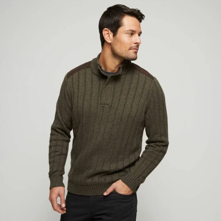 JC Lanyon Emmett Button Neck Wide Rib Cotton Wool Blend Knit Army - Image 2