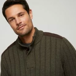 JC Lanyon Emmett Button Neck Wide Rib Cotton Wool Blend Knit Army