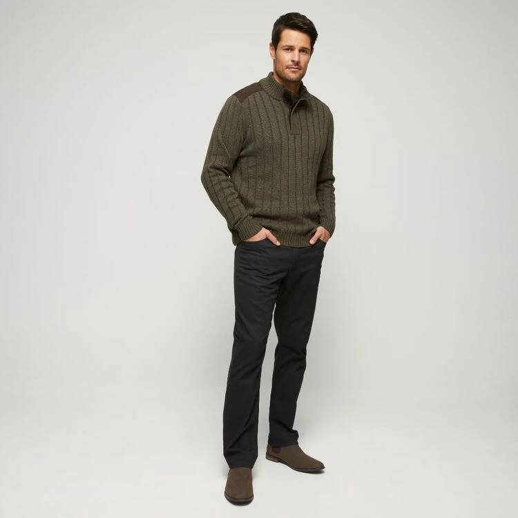 JC Lanyon Emmett Button Neck Wide Rib Cotton Wool Blend Knit Army - Image 3