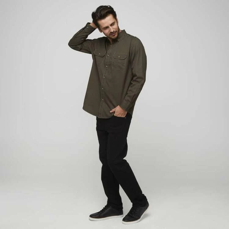 JC Lanyon Clark Solid Twill Long Sleeve Shirt Black & Olive - Image 3