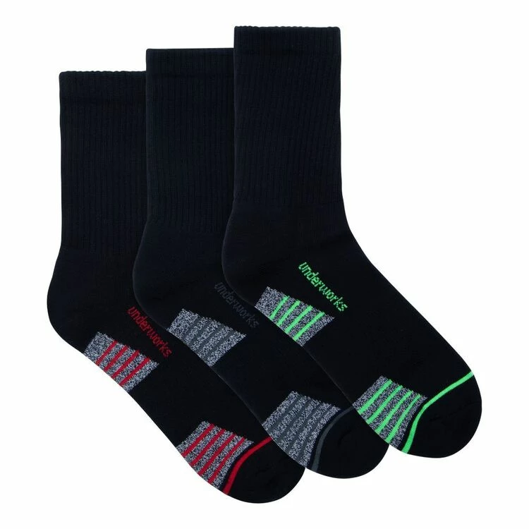 Underworks Men's Sports Crew Socks 3 Pack Black
