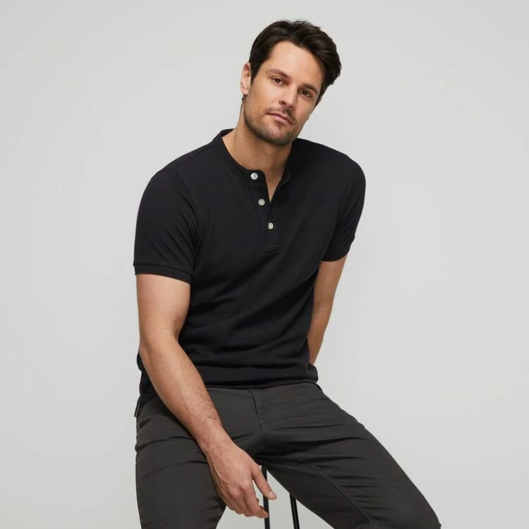 JC Lanyon Double Pique Henley T-Shirt Black - Image 2