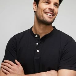 JC Lanyon Double Pique Henley T-Shirt Black