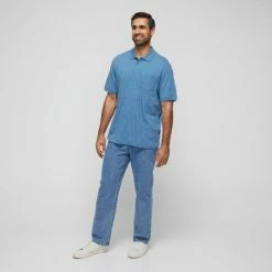 Bronson Casual Bronson Basic Men's Derwent Cotton Jersey Textured Short Sleeve Polo Denim