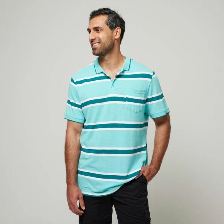 Bronson Casual Bronson Basic Men's Finley Cotton Pique Stripe Short Sleeve Polo Aqua - Image 2