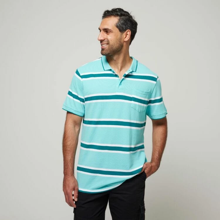Bronson Casual Bronson Basic Men's Finley Cotton Pique Stripe Short Sleeve Polo Aqua - Image 5