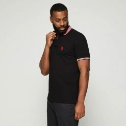 U.S. POLO ASSN. Short Sleeve Stripe Collar Polo With Embroidered Logo Black