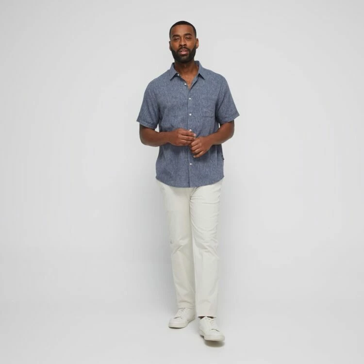 Bronson Basic Coogee Linen Cotton End On End Short Sleeve Shirt Denim - Image 3