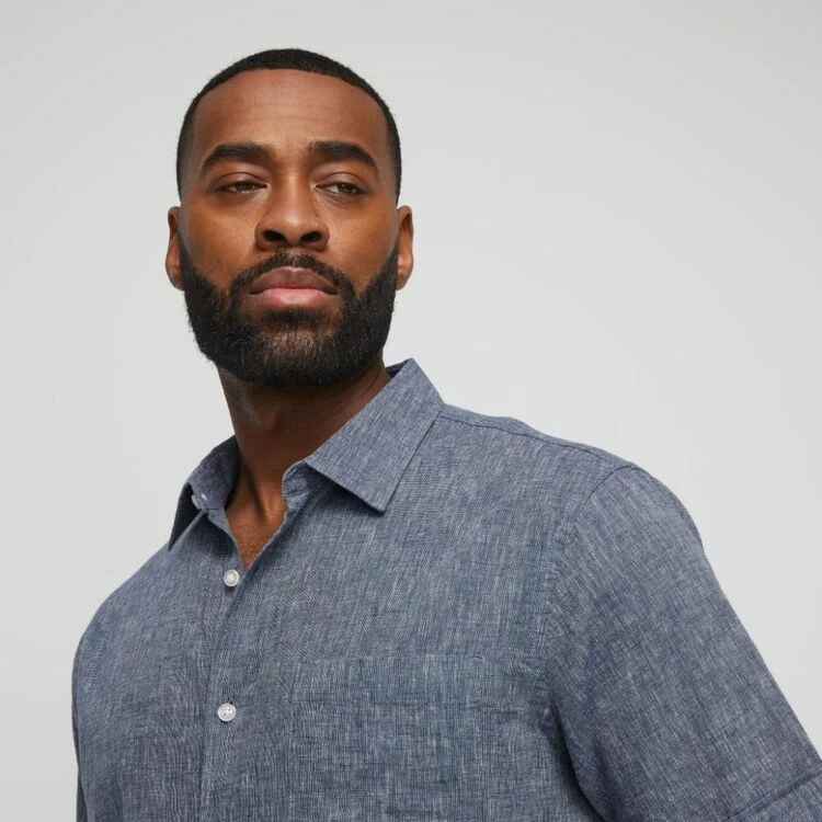 Bronson Basic Coogee Linen Cotton End On End Short Sleeve Shirt Denim