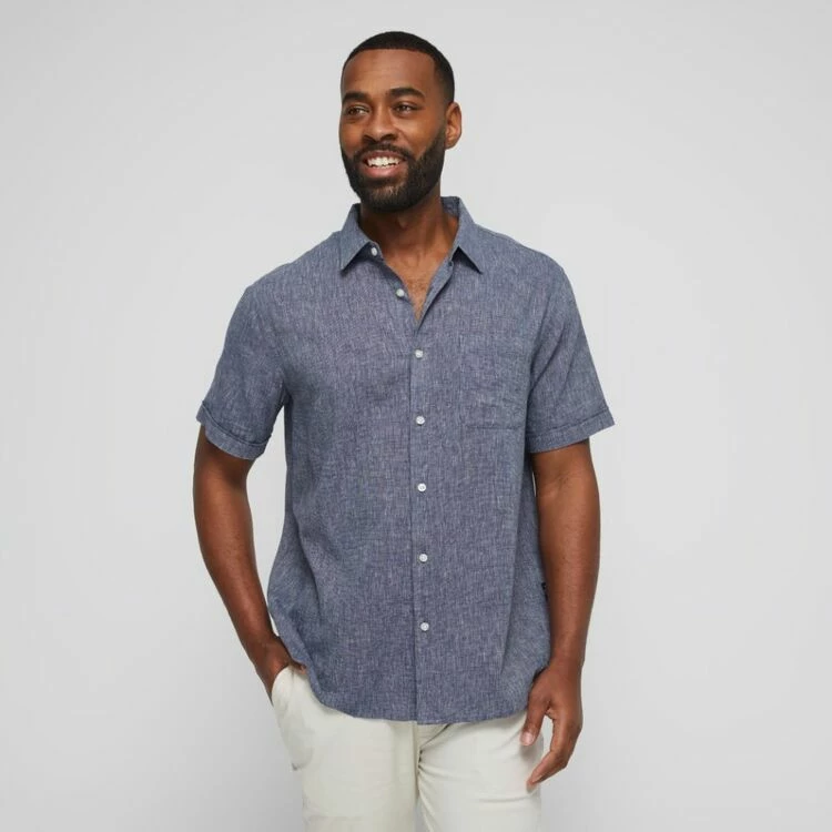 Bronson Basic Coogee Linen Cotton End On End Short Sleeve Shirt Denim - Image 5
