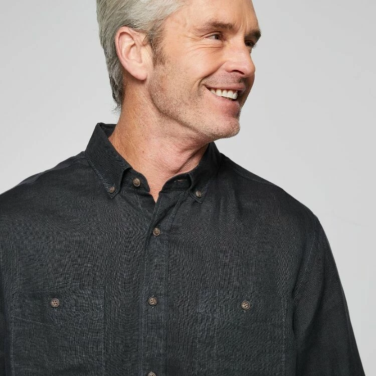 JC Lanyon Men's Bowie Solid Linen Long Sleeve Shirt Charcoal