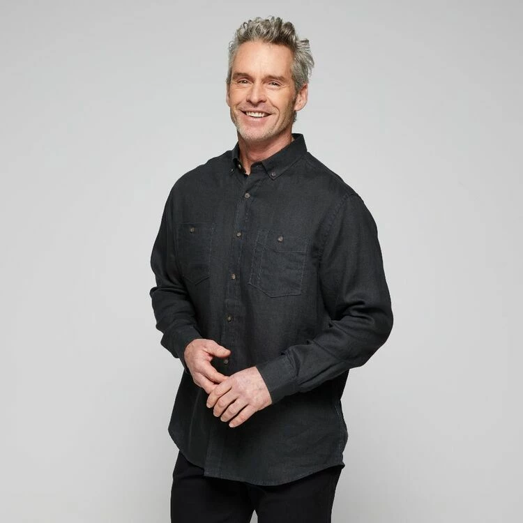 JC Lanyon Men's Bowie Solid Linen Long Sleeve Shirt Charcoal - Image 5
