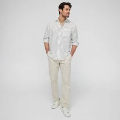 JC Lanyon McLeod Linen Cotton Stripe Long Sleeve Shirt Green Stripe