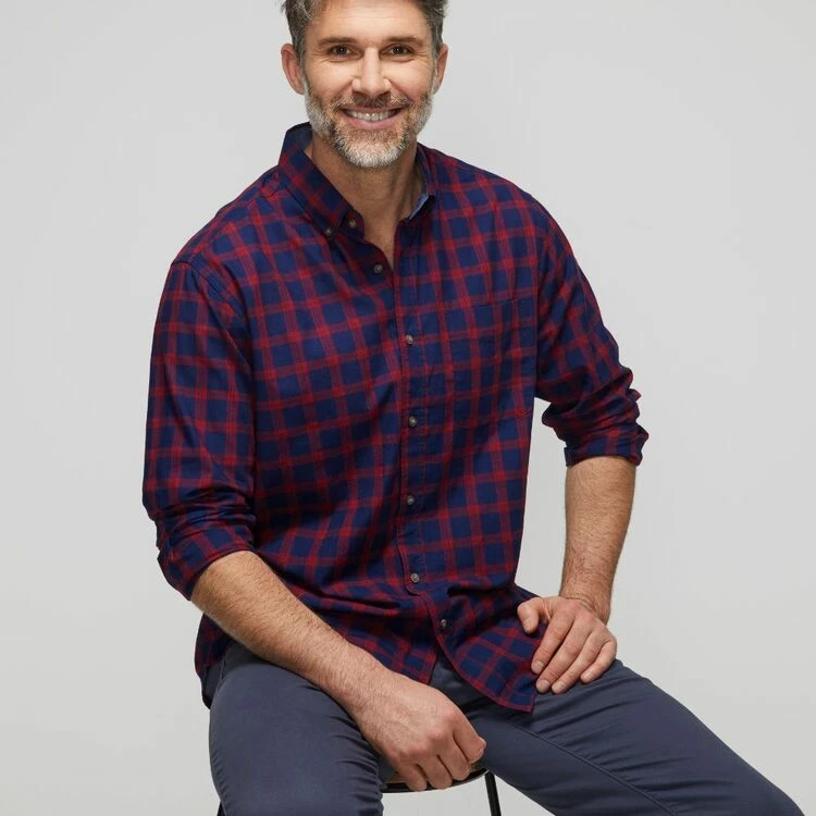 JC Lanyon Men's Keller Indigo Check Long Sleeve Shirt Red & Navy - Image 2