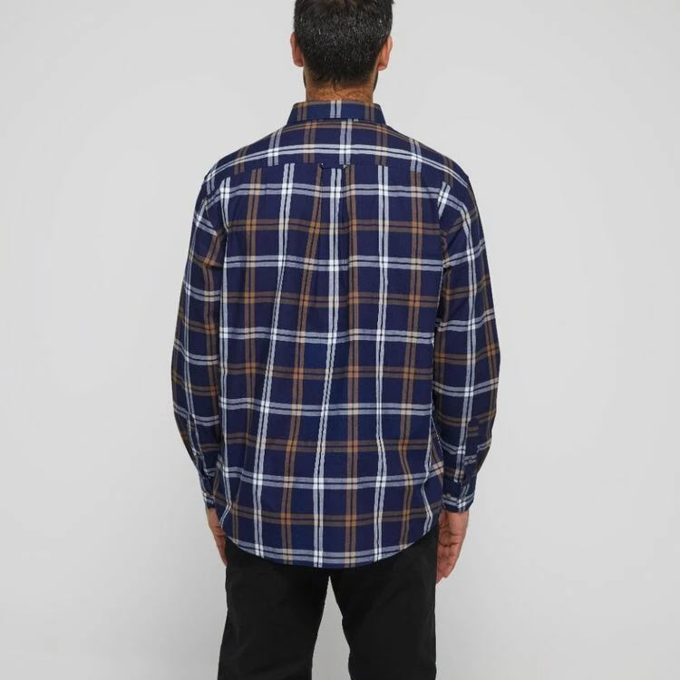 JC Lanyon Men's Denton Indigo Check Long Sleeve Shirt Dark Khaki - Image 4