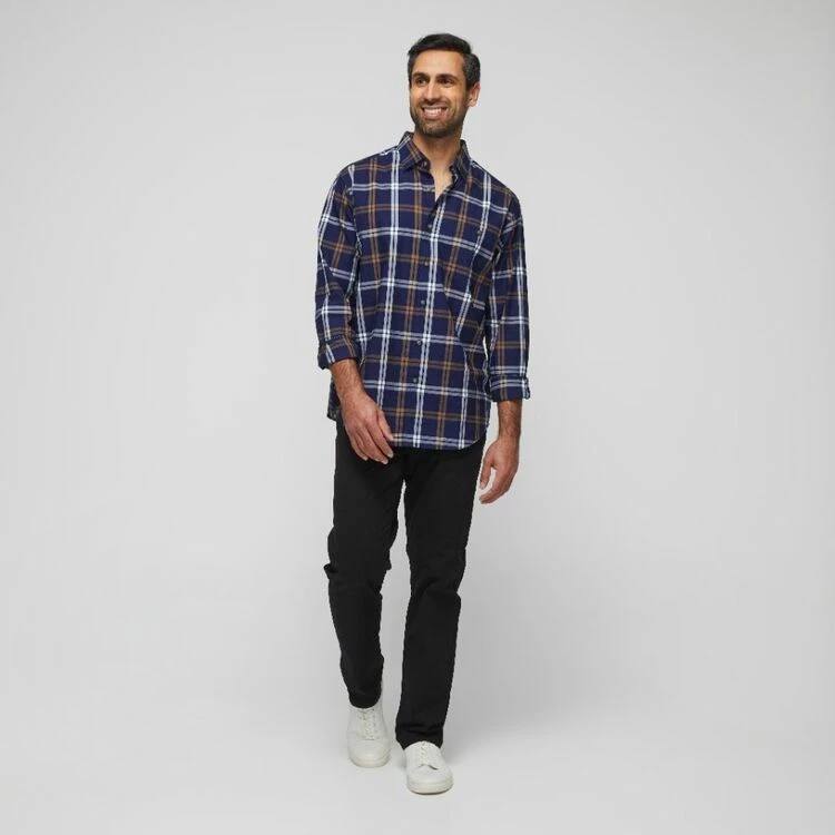 JC Lanyon Men's Denton Indigo Check Long Sleeve Shirt Dark Khaki - Image 2
