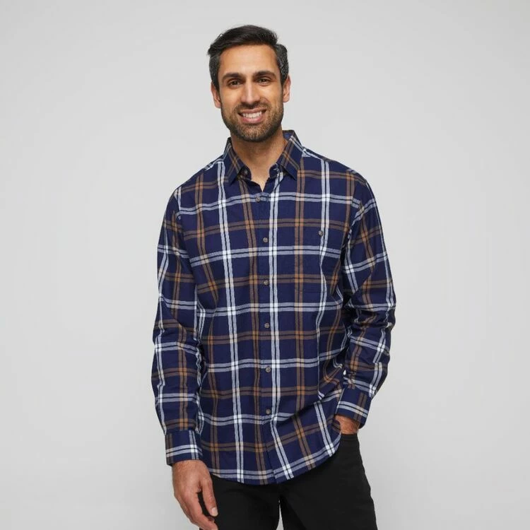 JC Lanyon Men's Denton Indigo Check Long Sleeve Shirt Dark Khaki - Image 5