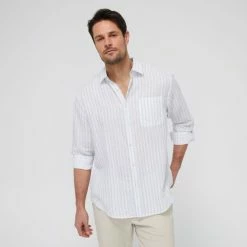 JC Lanyon McLeod Linen Cotton Stripe Long Sleeve Shirt Blue Stripe Blue Stripe