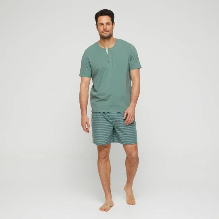 Nic Morris Men's Short Sleeve Pyjama Crew Neck T-Shirt With Placket Green - Image 3