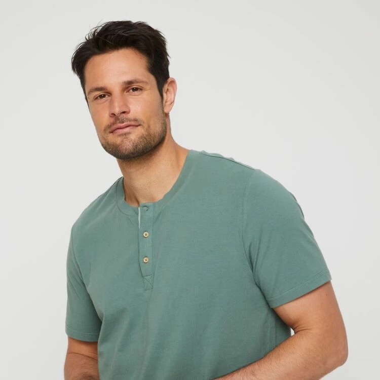 Nic Morris Men's Short Sleeve Pyjama Crew Neck T-Shirt With Placket Green - Image 2