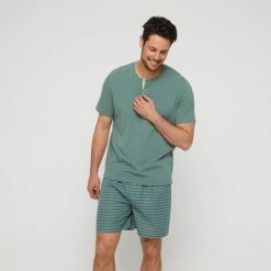 Nic Morris Men's Short Sleeve Pyjama Crew Neck T-Shirt With Placket Green