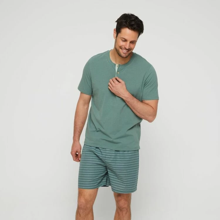Nic Morris Men's Short Sleeve Pyjama Crew Neck T-Shirt With Placket Green