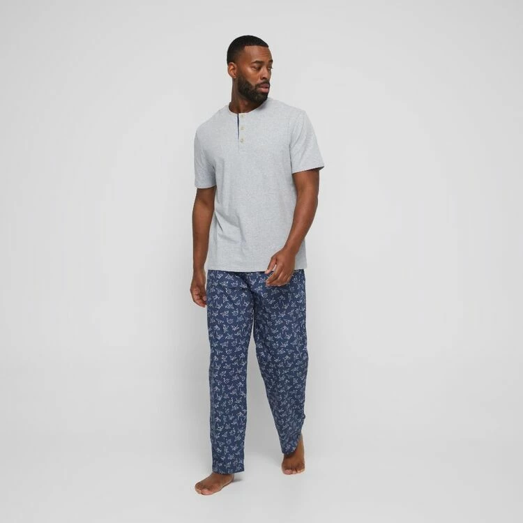 Nic Morris Men's Paper Crane Short Sleeve Crew Neck T-Shirt With Placket & Pants Pyjama Set Grey & Blue - Image 3