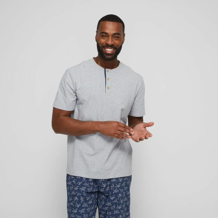 Nic Morris Men's Paper Crane Short Sleeve Crew Neck T-Shirt With Placket & Pants Pyjama Set Grey & Blue