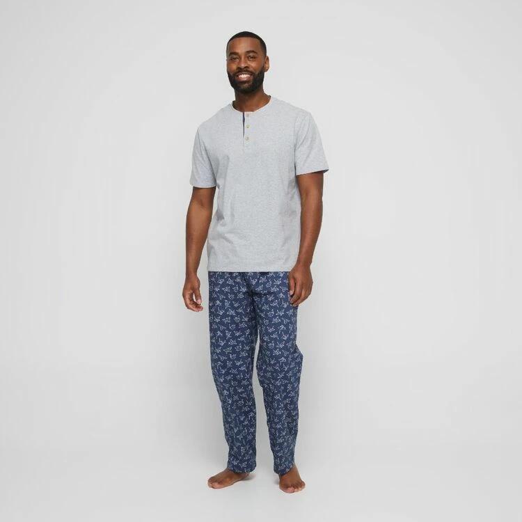 Nic Morris Men's Paper Crane Short Sleeve Crew Neck T-Shirt With Placket & Pants Pyjama Set Grey & Blue - Image 5
