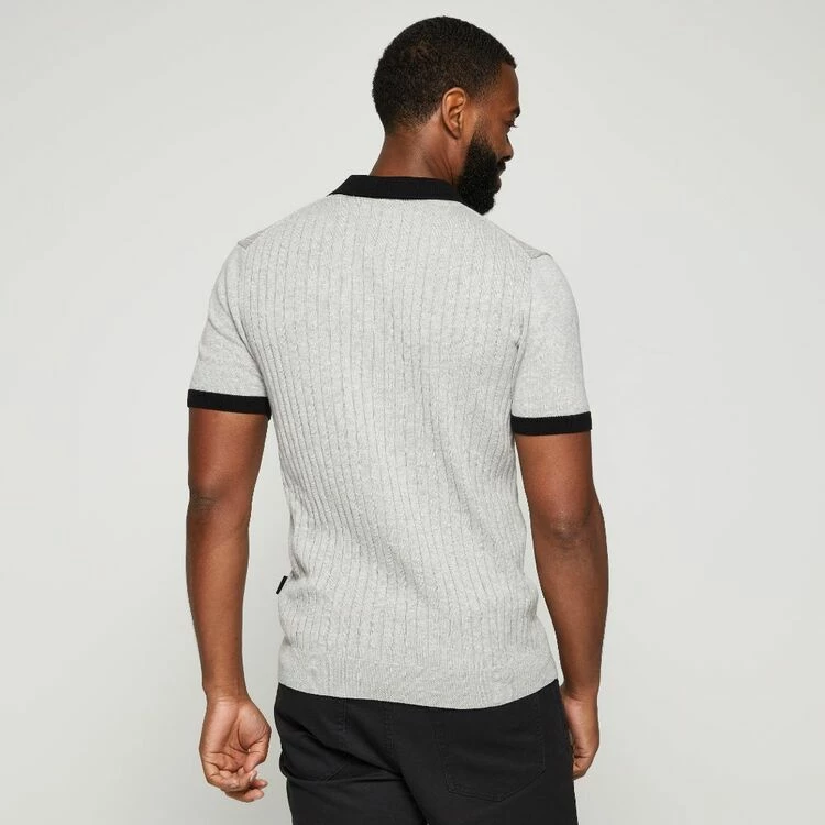 Bronson Casual Men's Fitzroy Rib Knitted Polo Light Grey & Black - Image 4