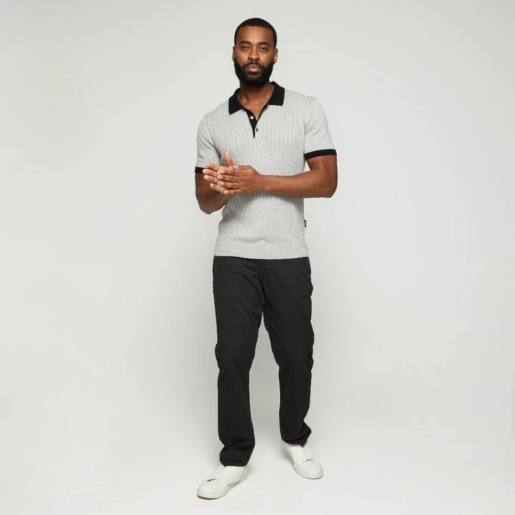 Bronson Casual Men's Fitzroy Rib Knitted Polo Light Grey & Black - Image 3
