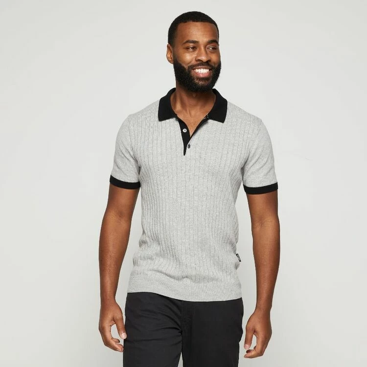 Bronson Casual Men's Fitzroy Rib Knitted Polo Light Grey & Black - Image 5