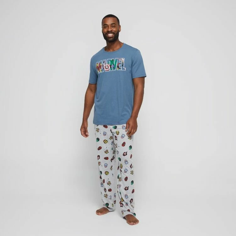 Marvel Men's Short Sleeve Crew Neck T-Shirt & Pants Pyjama Set Blue & Grey - Image 3