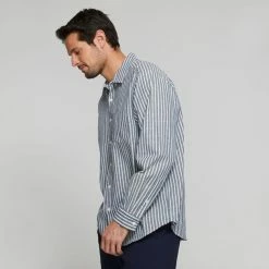 JB Jayson Brunsdon Men's Striped Casual Long Sleeve Shirt White & Navy Stripe