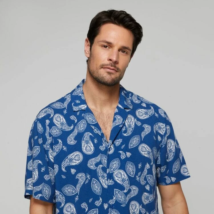 JB Jayson Brunsdon Men's Paisley Rever Collar Short Sleeve Shirt Navy - Image 2