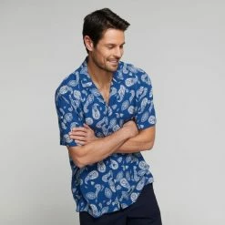 JB Jayson Brunsdon Men's Paisley Rever Collar Short Sleeve Shirt Navy