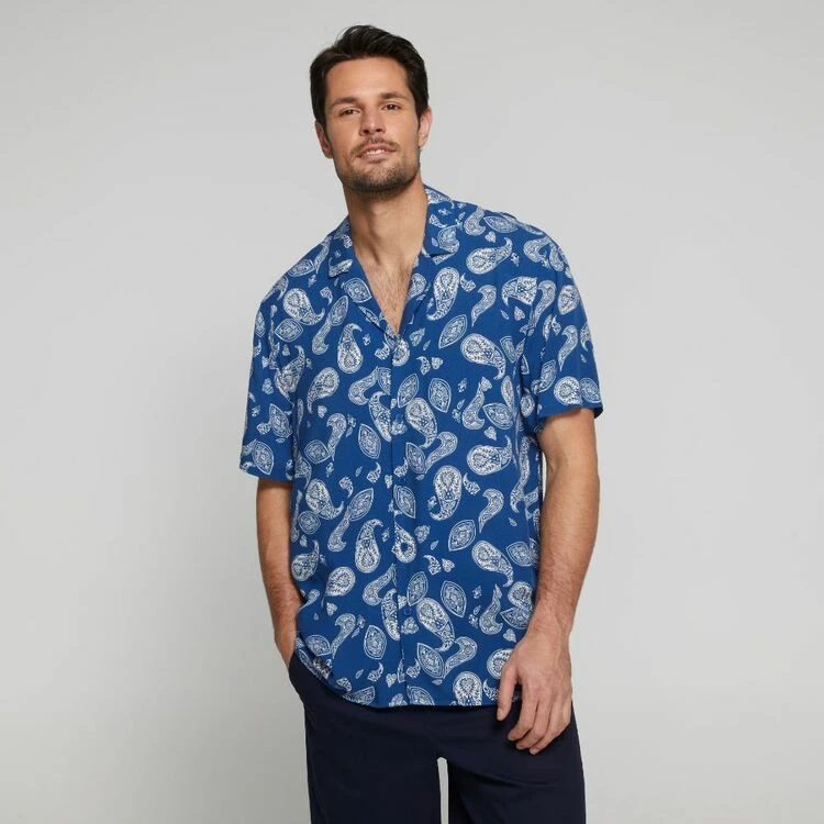 JB Jayson Brunsdon Men's Paisley Rever Collar Short Sleeve Shirt Navy - Image 5