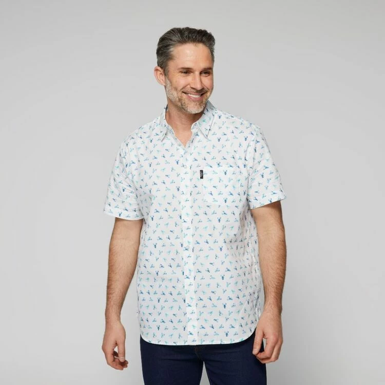 Bronson Casual Men's Lobster Printed Short Sleeve Shirt White & Aqua - Image 4