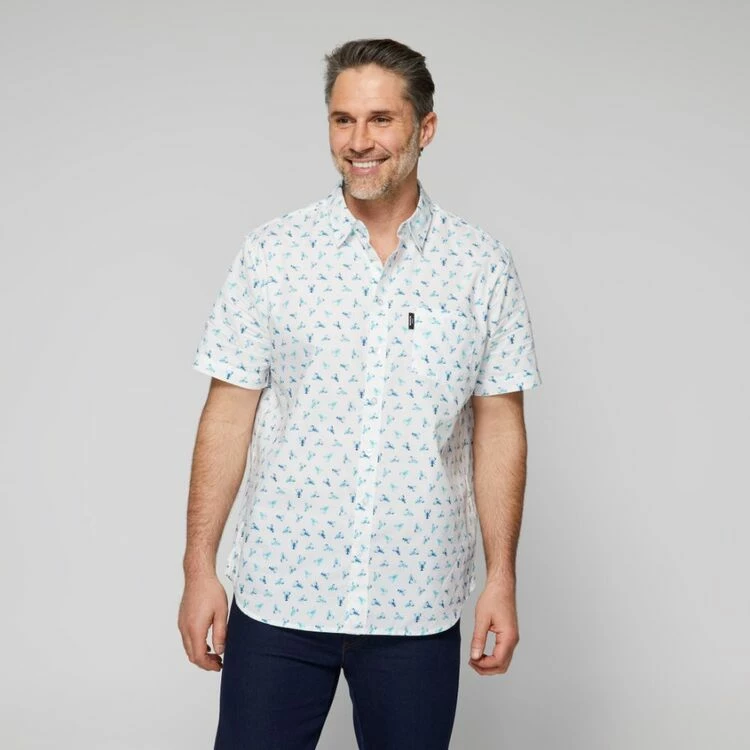 Bronson Casual Men's Lobster Printed Short Sleeve Shirt White & Aqua - Image 3